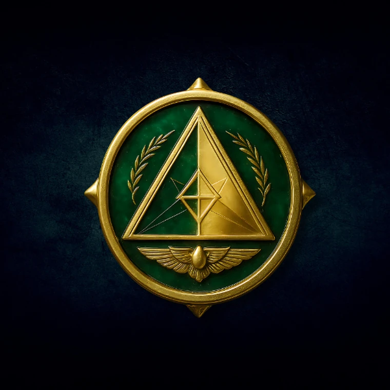 Gold and emerald WasNowForward emblem on a midnight background.